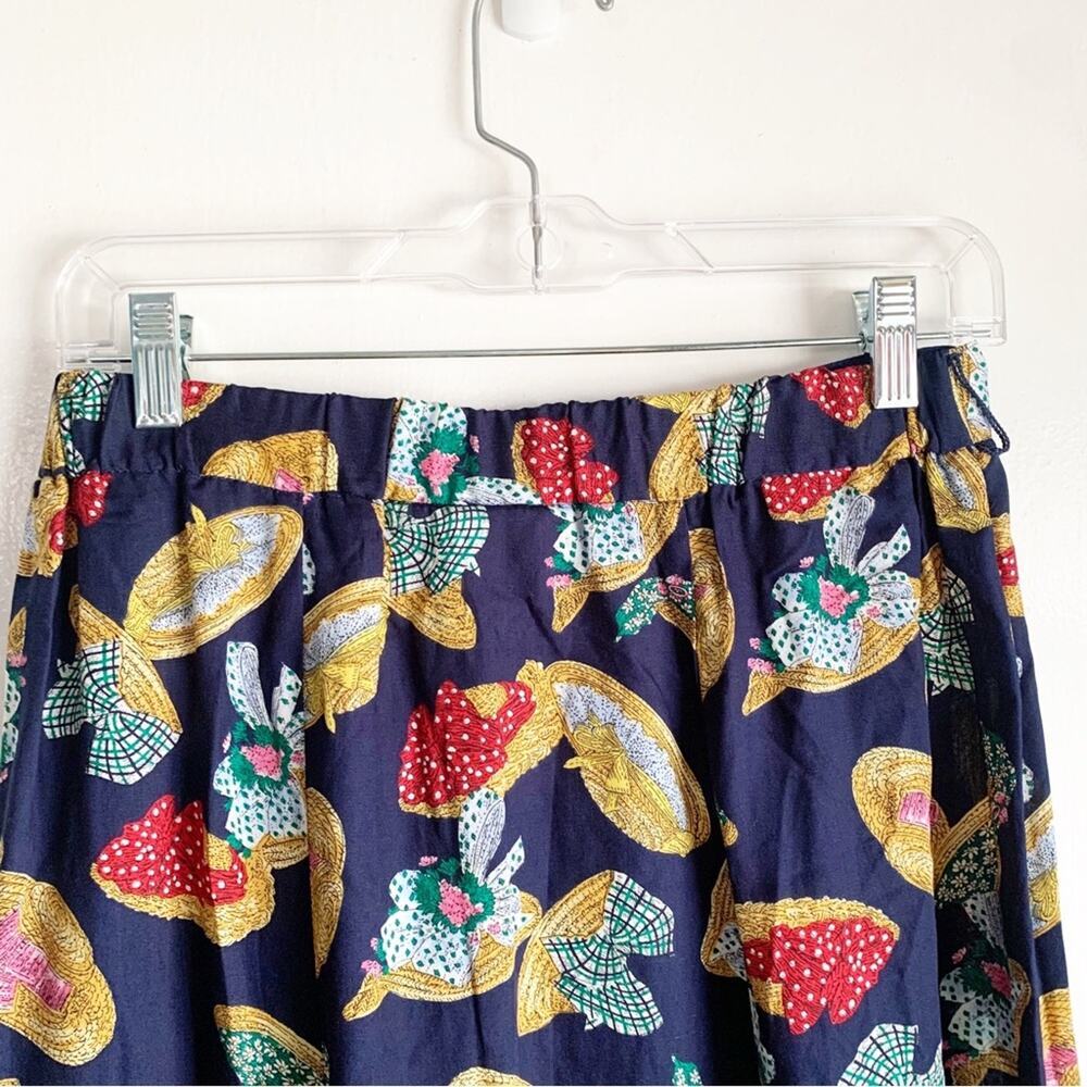 Vintage Susan Bristol Navy Straw Hat Print Pleated Midi Skirt Grandmacore 12 - Picture 8 of 9